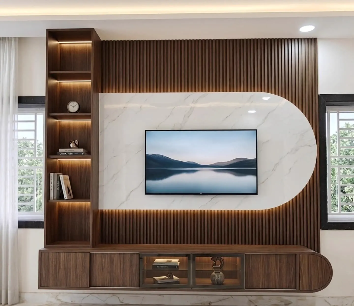 Walnut fluted media wall with a backlit marble arch, lit display shelving and a floating console
